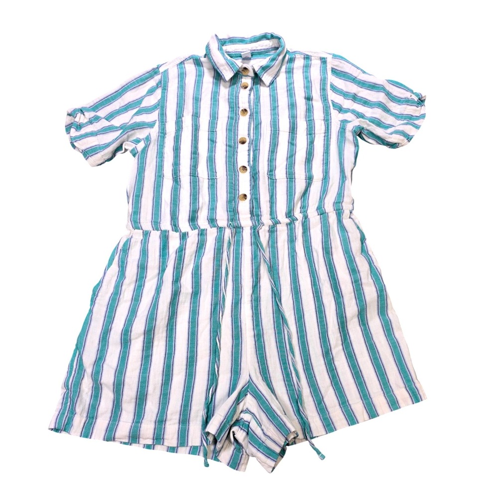 Old Navy Button Front Romper Women's M Teal White Striped Cotton Short Sleeve